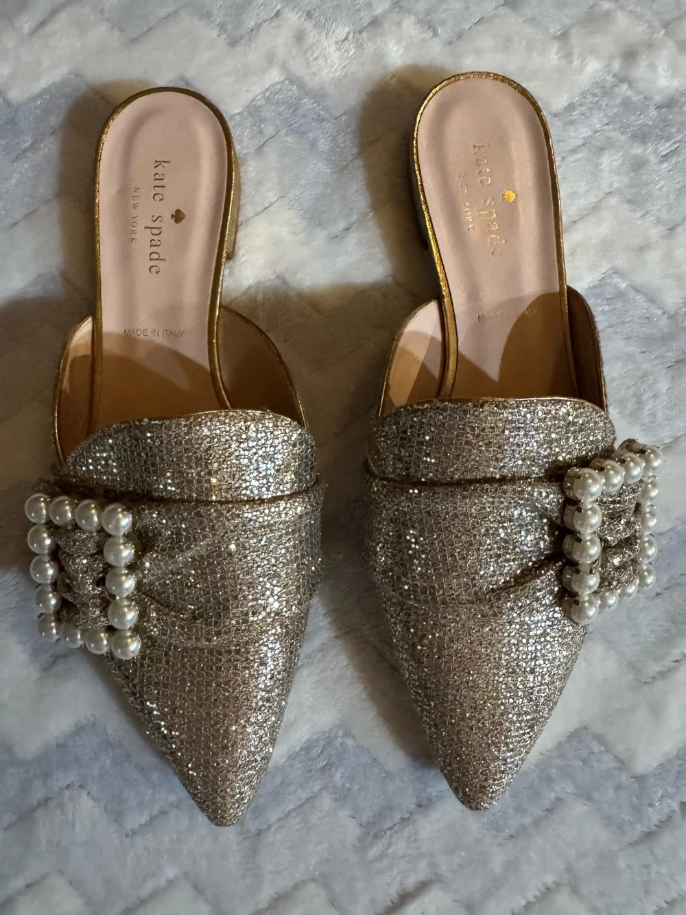 kate spade Gold Glitter Pearl Buckle Pointed Mules